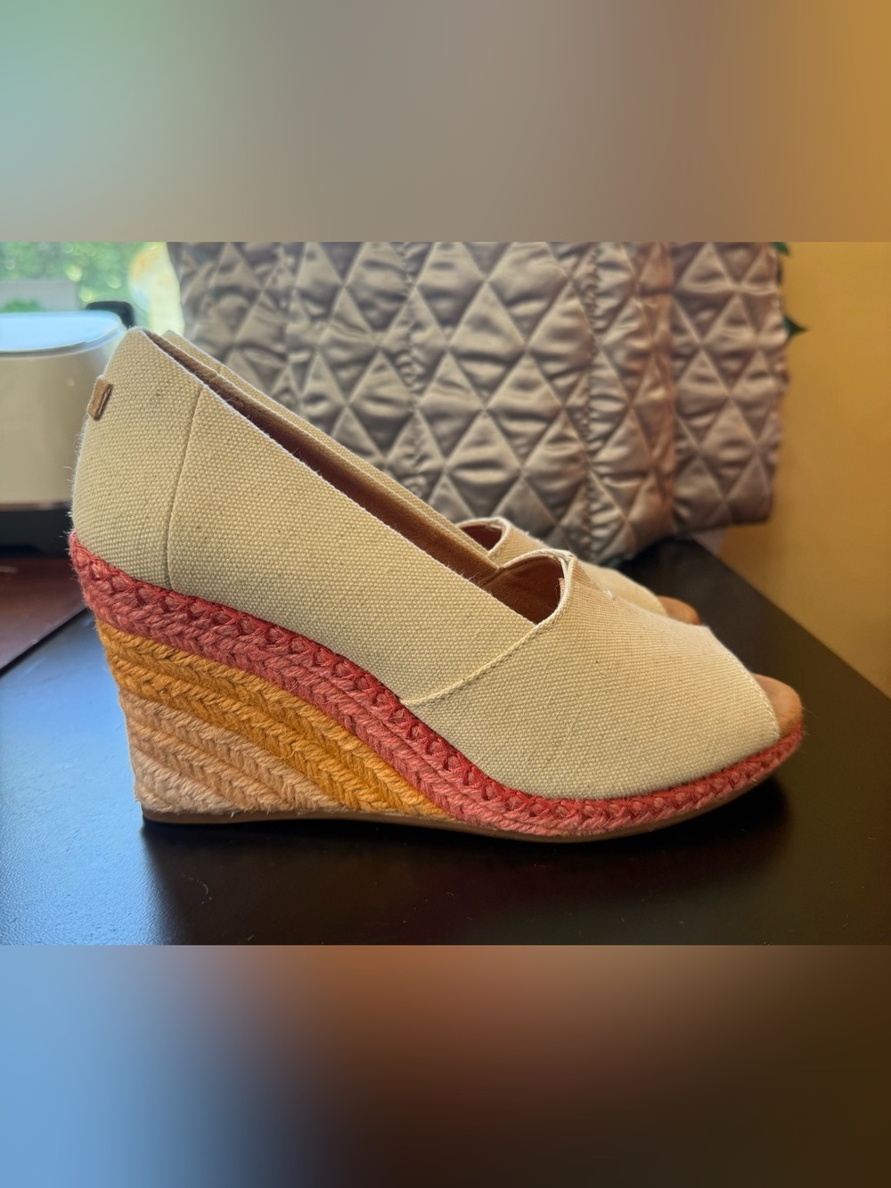 Toms Michelle Peep Toe Canvas Wedge Sandal Rainbow Espadrilles Size 7.5